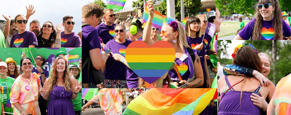 Så här såg det ut när Vision gick med Unionen under parollen "Tillsammans för ett öppet arbetsliv" under Stockholm Pride-paraden 2024.